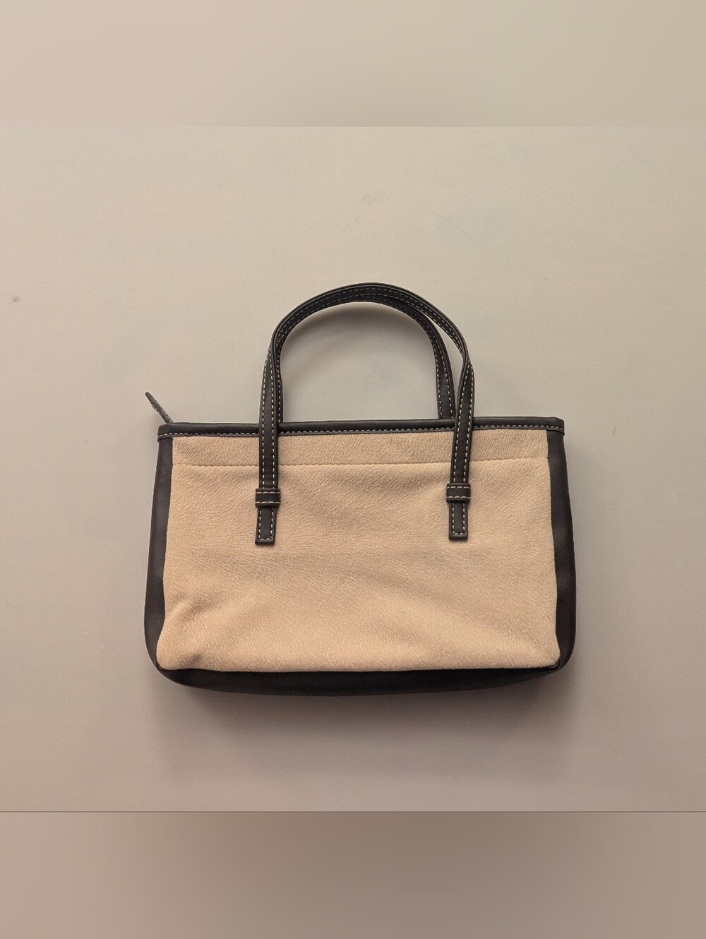 Lancome Beige Brushed Felt Brown Leather Trim Lined Zippered Clutch Tote 8.5"x5"